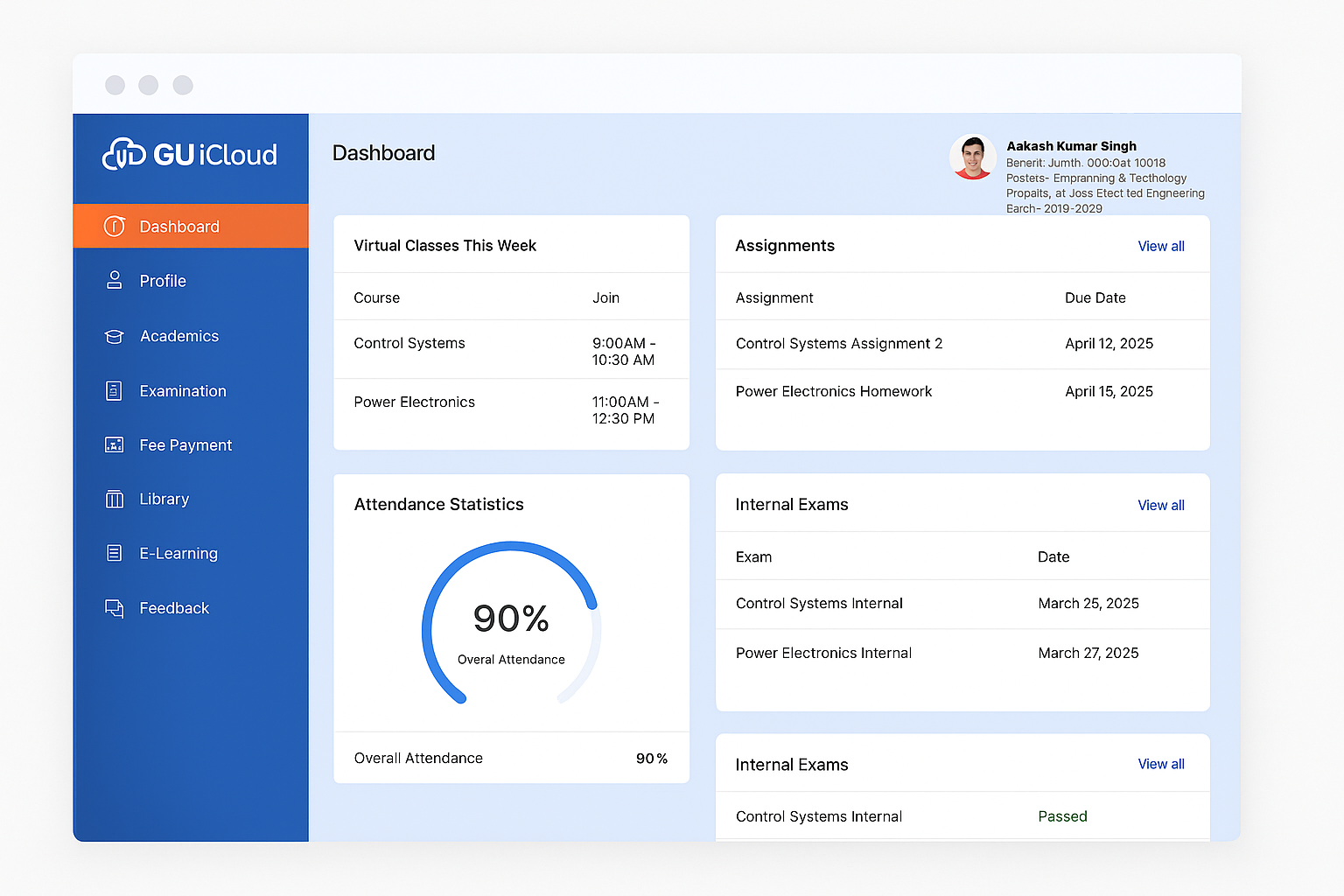 Screenshot of the GU iCloud dashboard showing academic tools for students and faculty