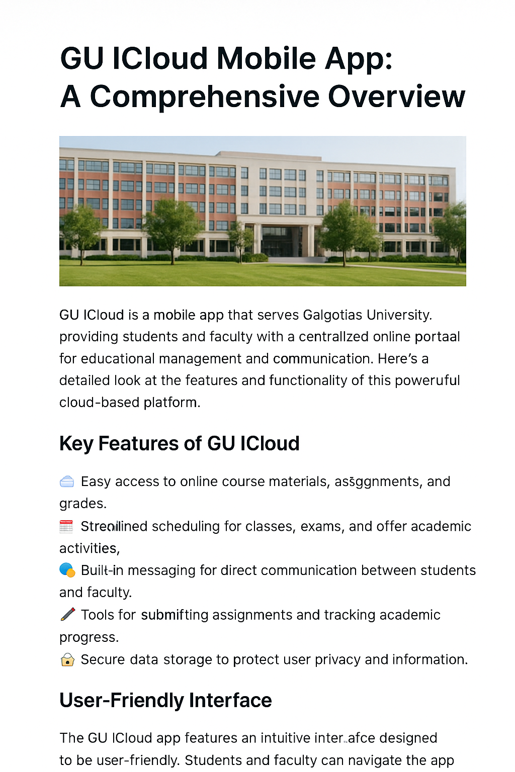 Mobile app interface of GU iCloud showing login and dashboard features